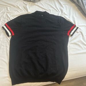 Zara Black Crewneck Sweater with Red and White Stripes